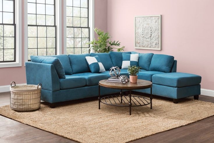 Sectional Sofa Teal Upholstery Braided Jute Rug Style