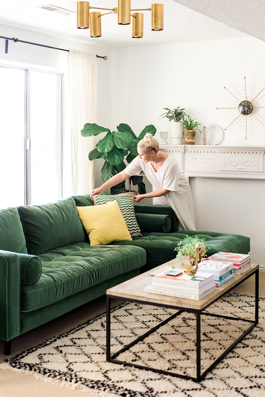 Sectional Sofa Tufted Forest Green Velvet Bolsters