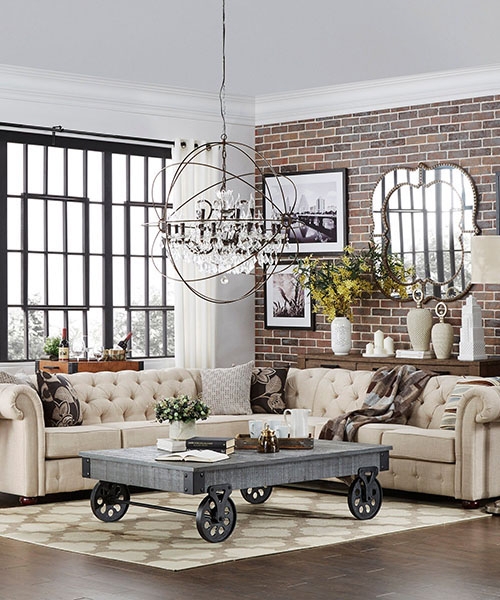 Sectional Sofa with Button Tufted Design and Tufted Beige Sectional Sofa