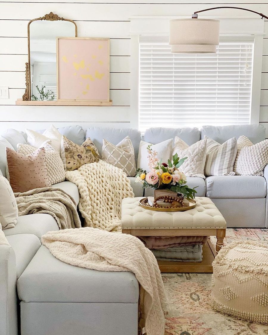 Sectional Sofa with Chunky Knit Texture and Shiplap Living Room Decor