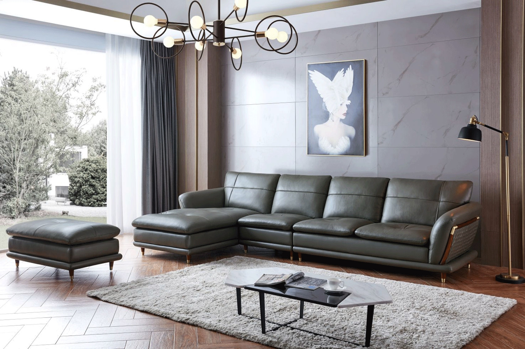Sectional Sofa with Diamond Pattern Side Panels and Olive Green Tone
