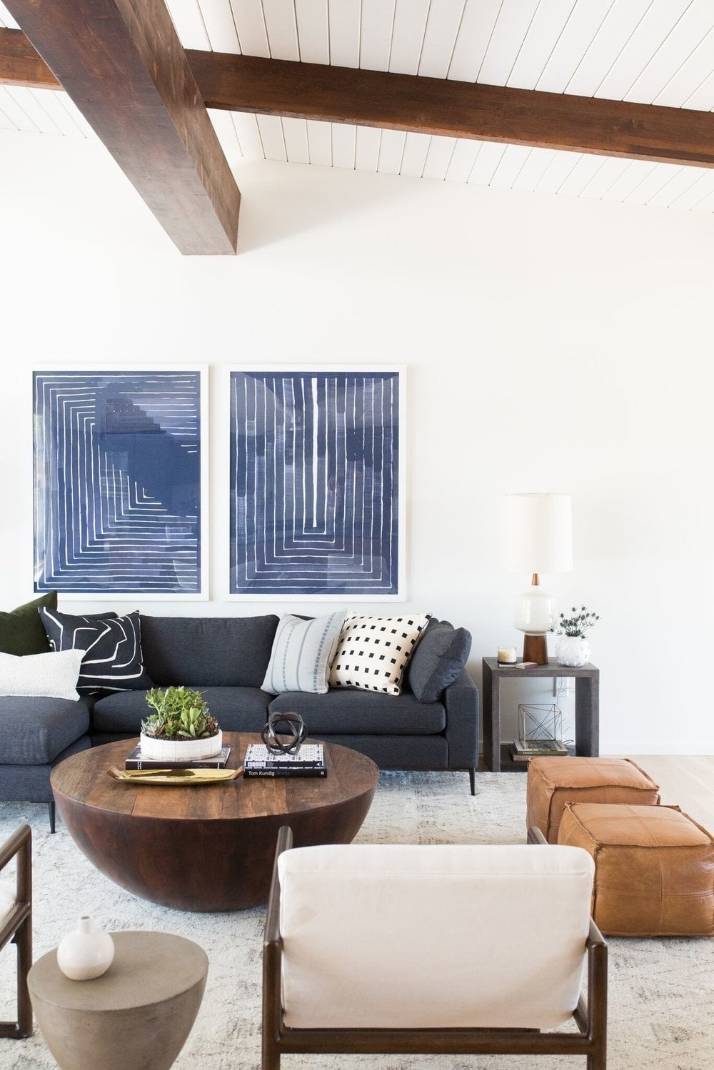 Sectional Sofa with Drum Base Coffee Table and Wood Beams
