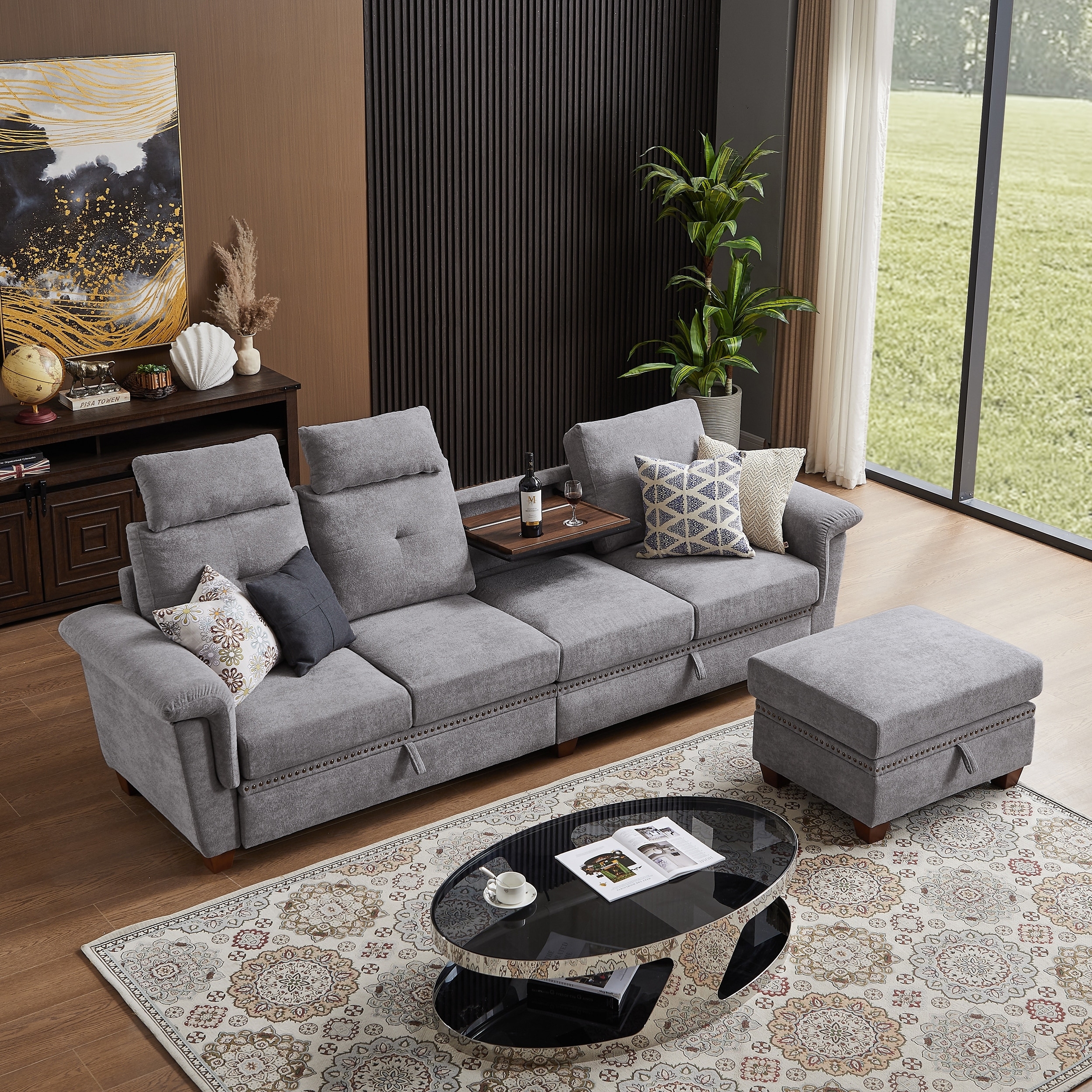 Sectional Sofa with Fold Down Table and Nailhead Trim