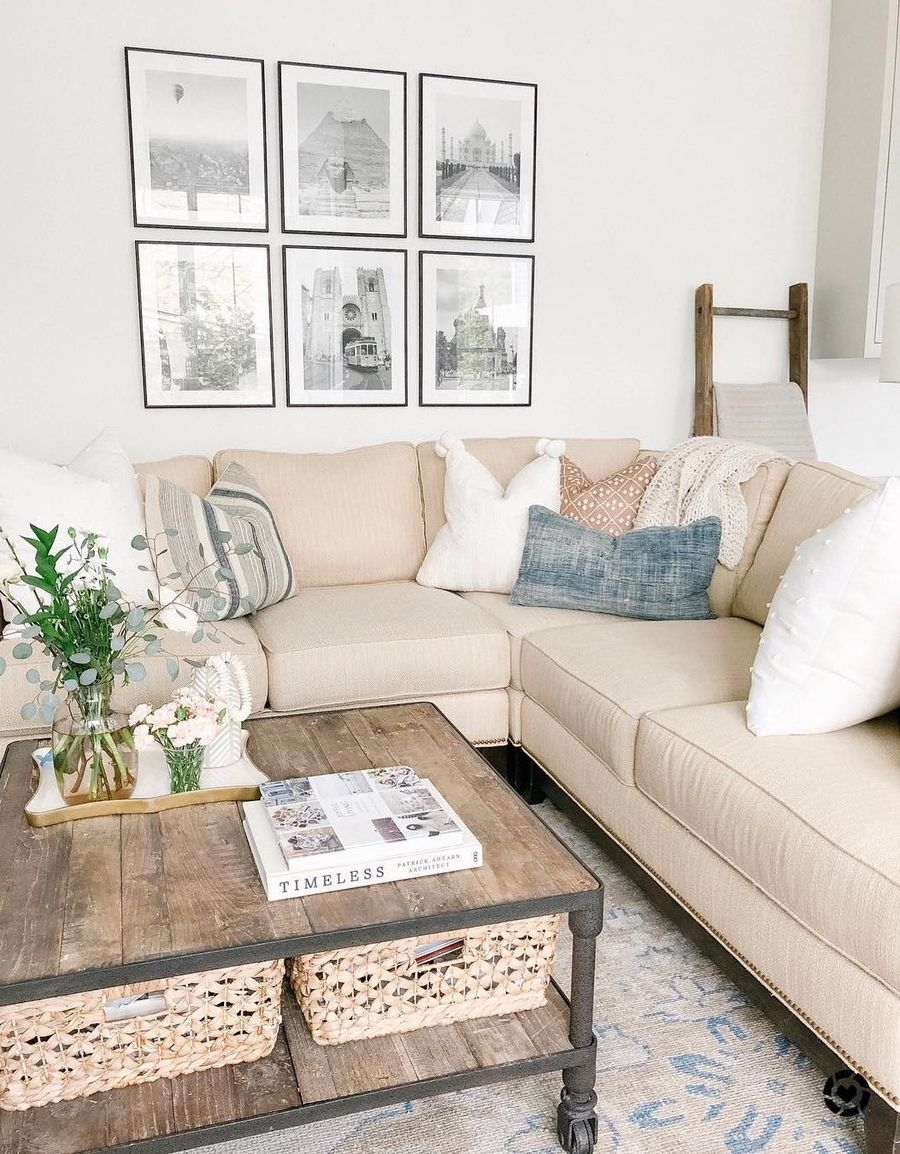 Sectional Sofa with Grid Gallery Wall and Wood Plank Table