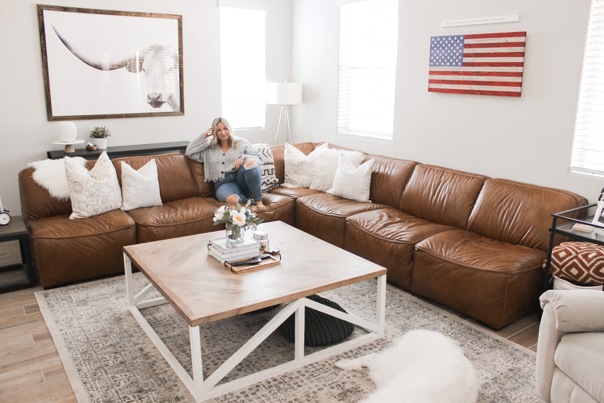Sectional Sofa with Low Slung Modular Cognac Brown Sectional
