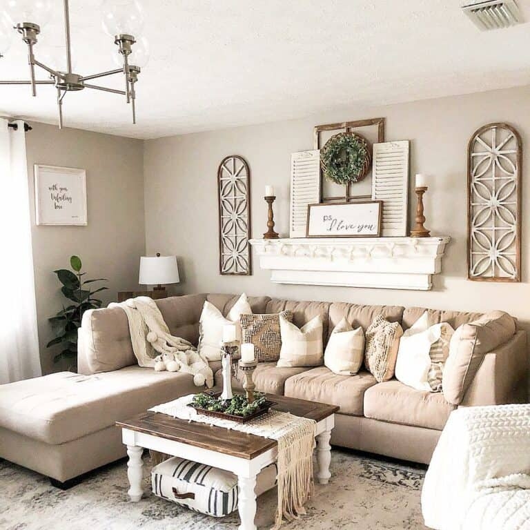 Sectional Sofa with Mantel Shelf Decor and Neutral Farmhouse Wall Decor