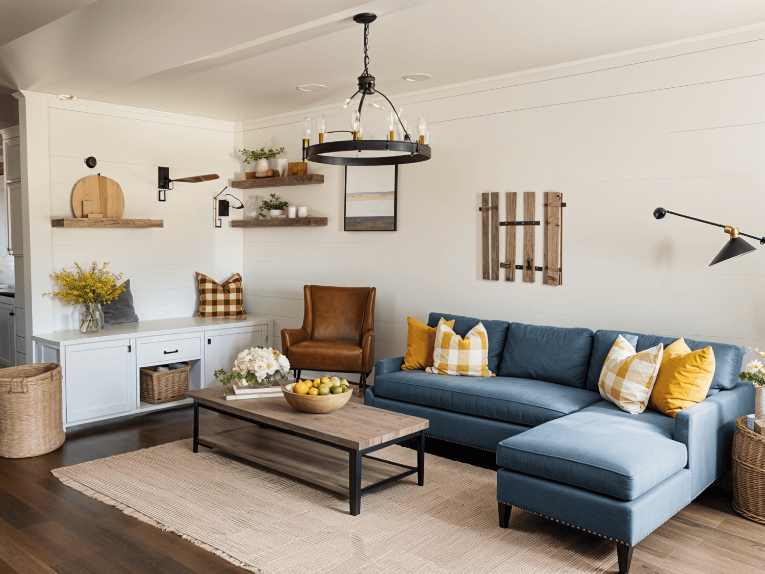 Sectional Sofa with Navy Blue Upholstery and Shiplap Backdrop
