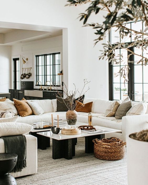 Sectional Sofa with Stone Top Coffee Table and Chunky Woven Basket