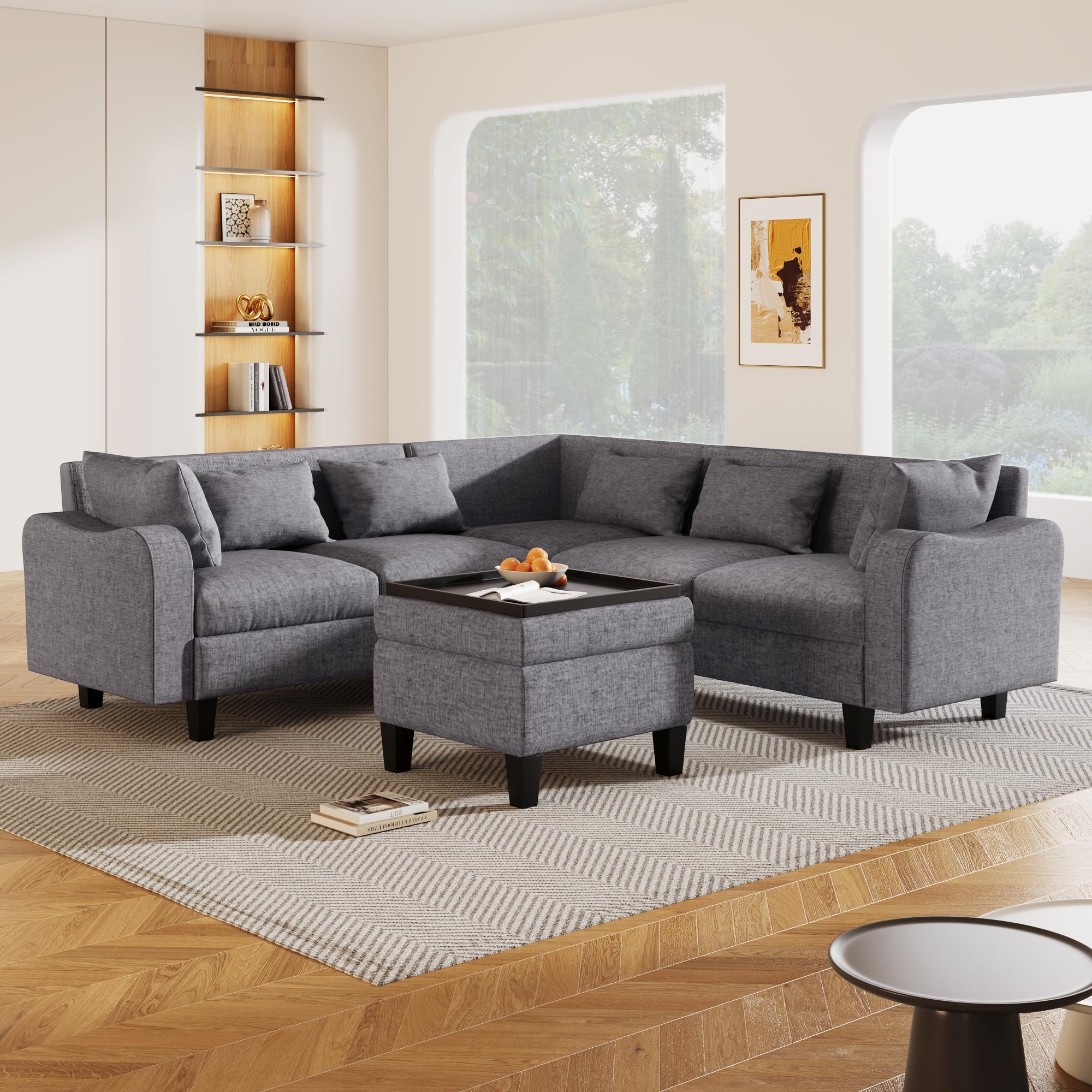 Sectional Sofa with Storage Ottoman and Heathered Grey Fabric
