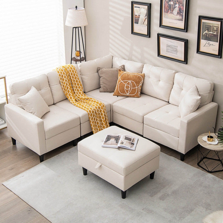 Sectional Sofa with Tufted Back and Storage Ottoman in Cream