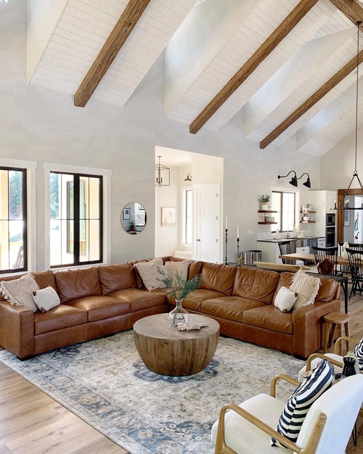 Sectional Sofa with Vaulted Wood Beams Modern Farmhouse