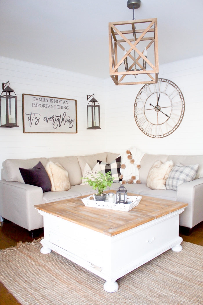 Sectional Sofa with Whitewashed Finish and Modern Farmhouse Living Room