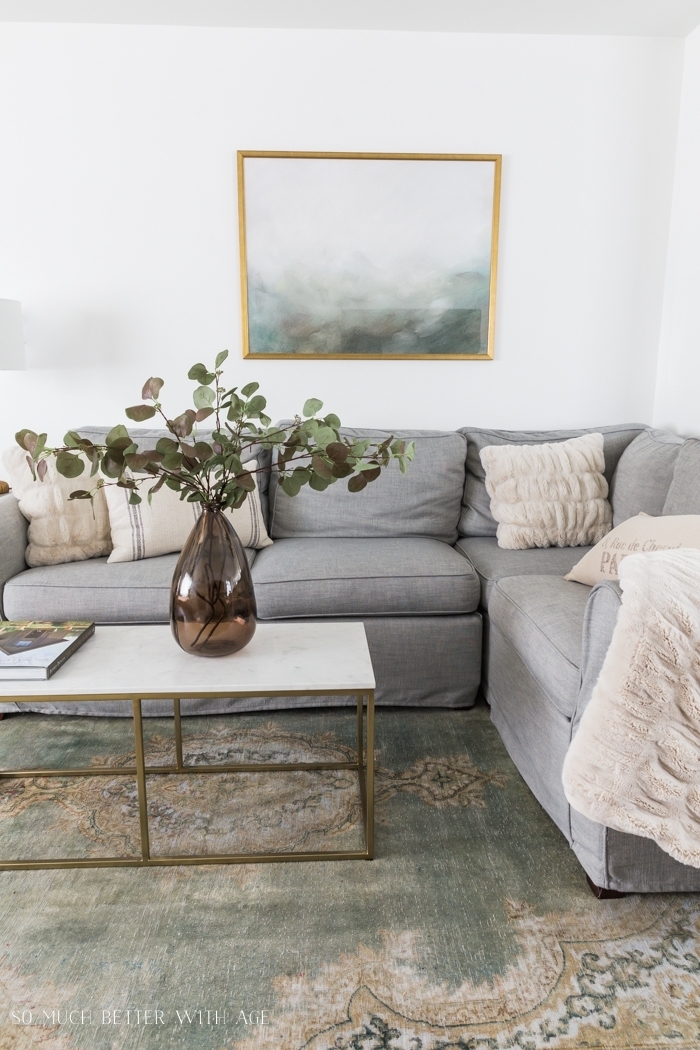 Sectional Sofa: Woven Gray Upholstery Sage Green Rug