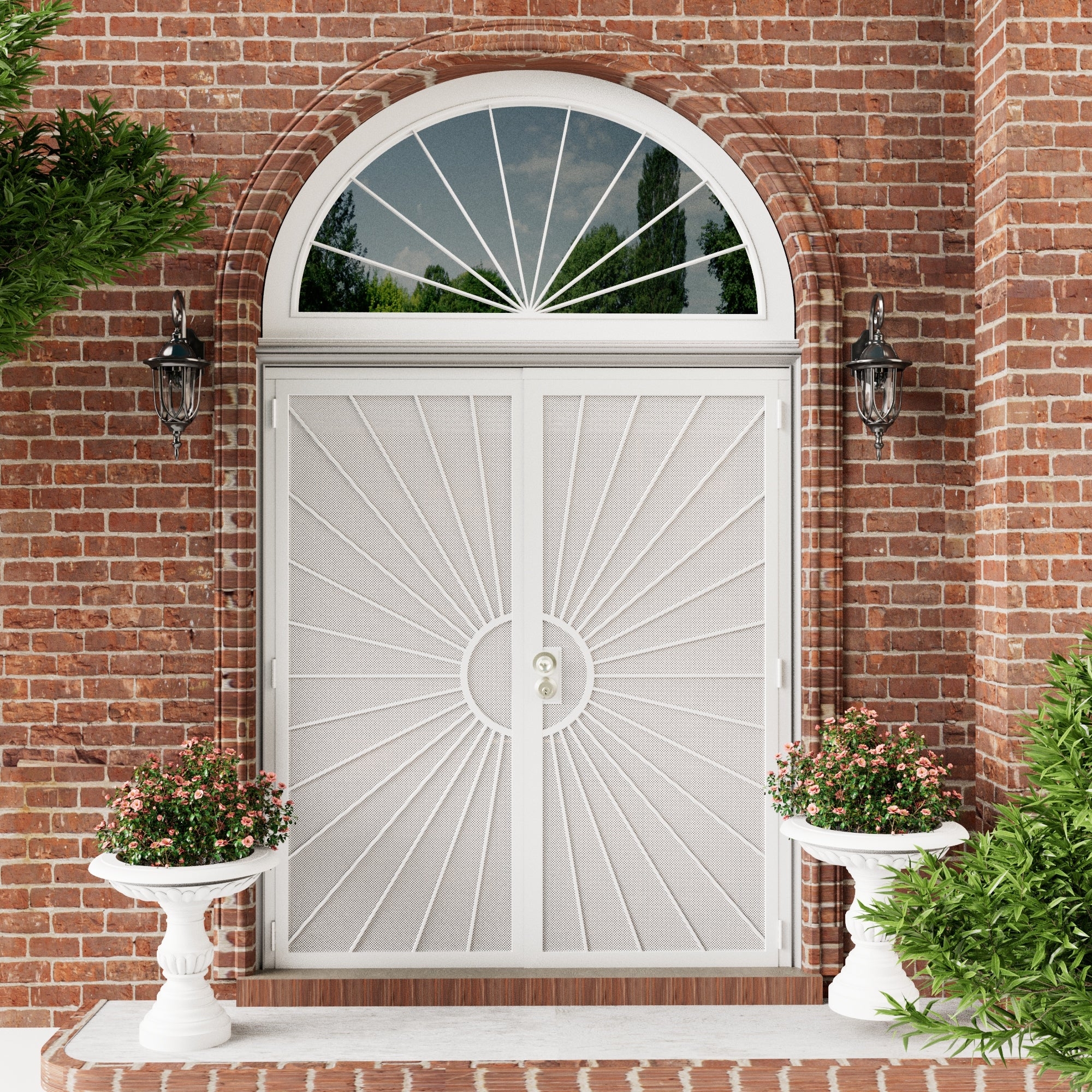 Security Door: White Sunburst Pattern Decorative Radial Screen