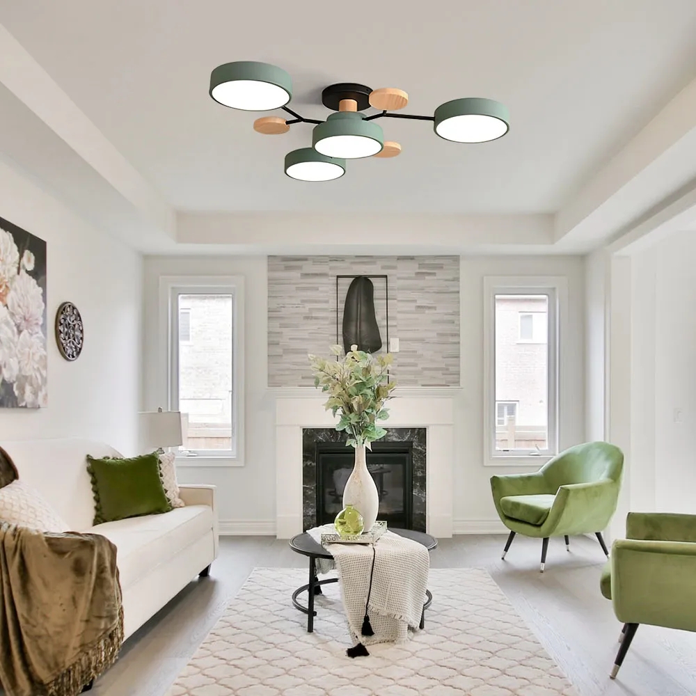 Semi Flush Chandelier with Sage Green Shades: Sage Green Semi-Flush Chandelier