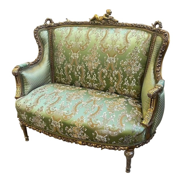 Settee Army Green Gold Leaf Figurative Crest
