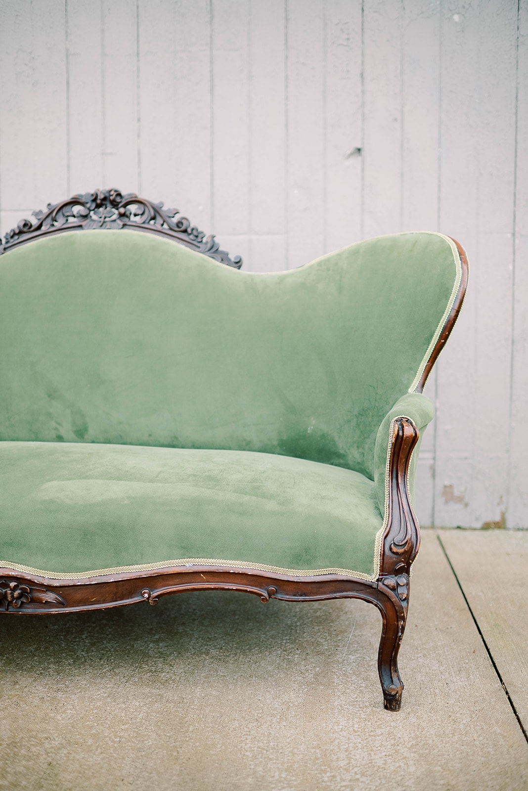 Settee Dark Wood Trim Sage Velvet Camelback