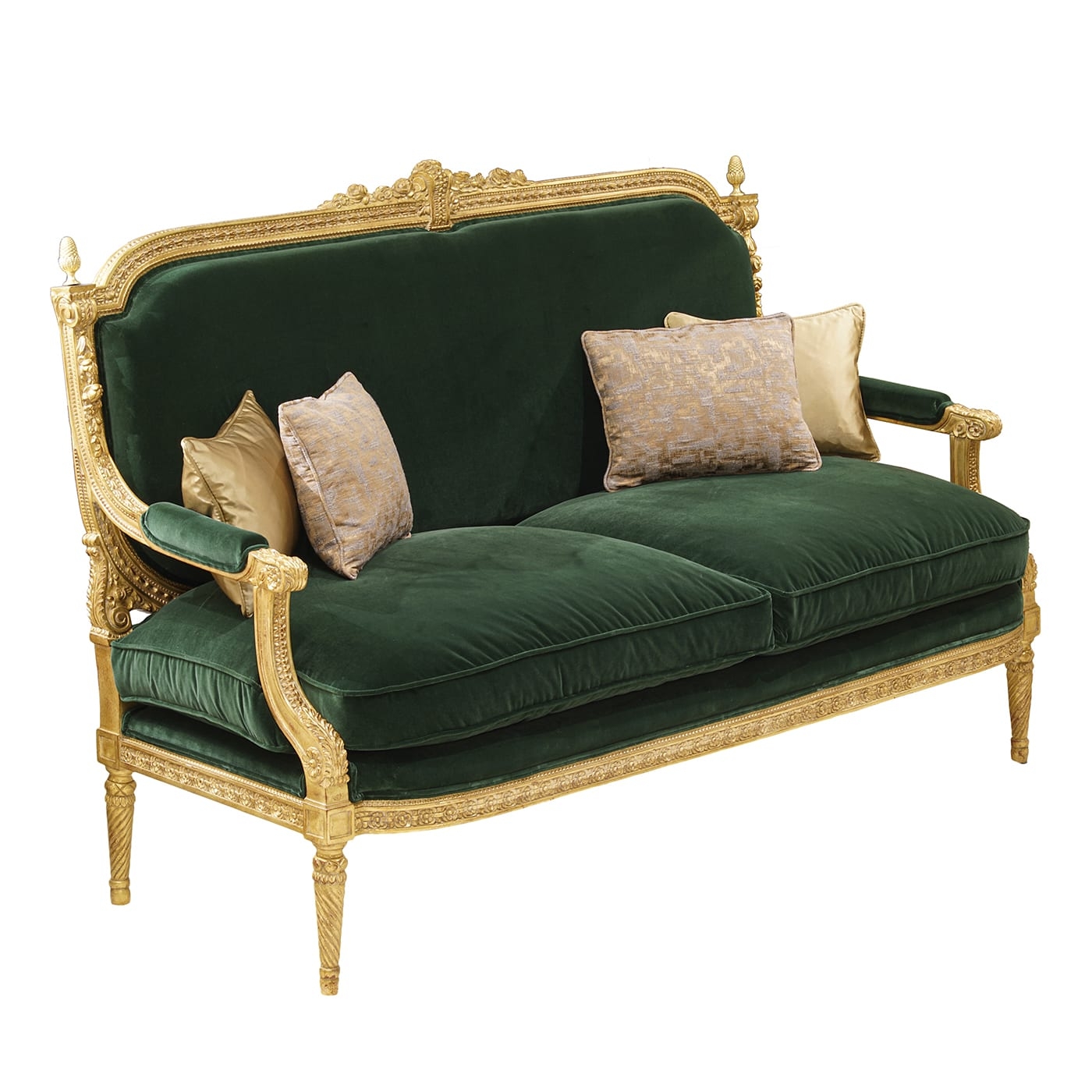 Settee Emerald Velvet Gold Gilded Fluted Legs