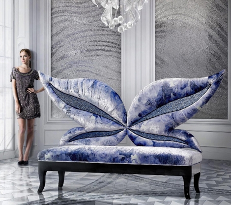 Settee Featuring Butterfly Backrest and Indigo Marbled Fabric Finish