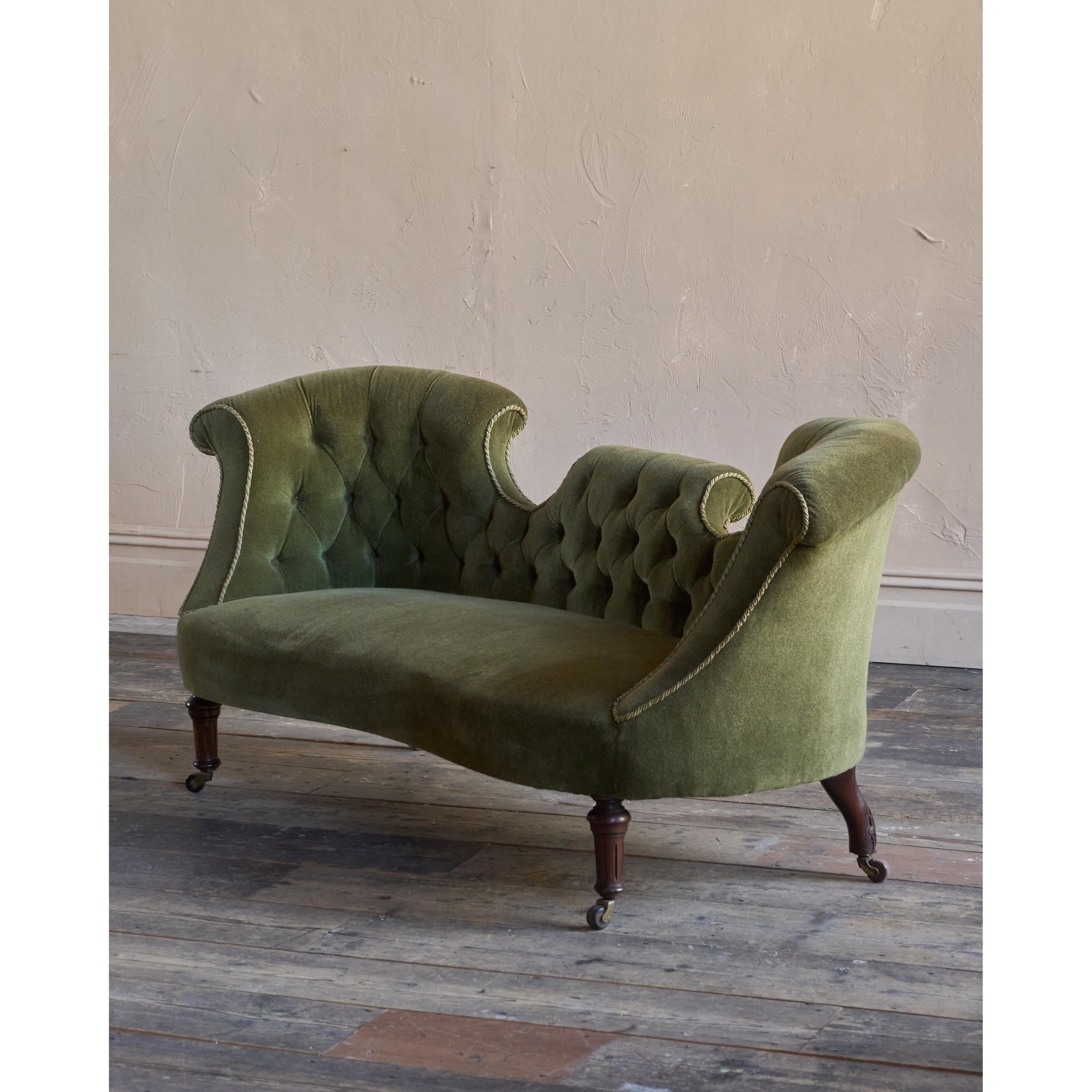Settee Olive Green Velvet Asymmetrical Curved Back