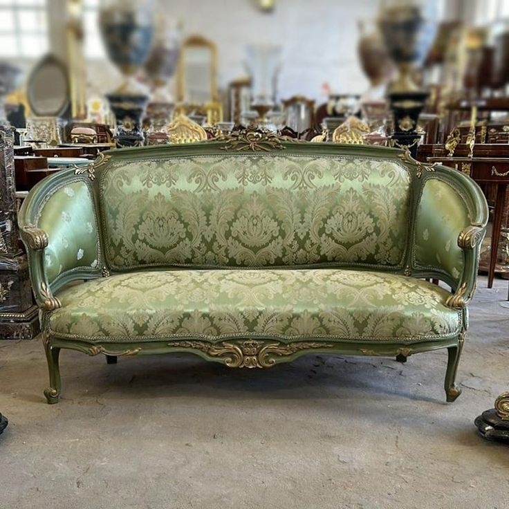 Settee Sage Green Gilded Carvings Damask Settee