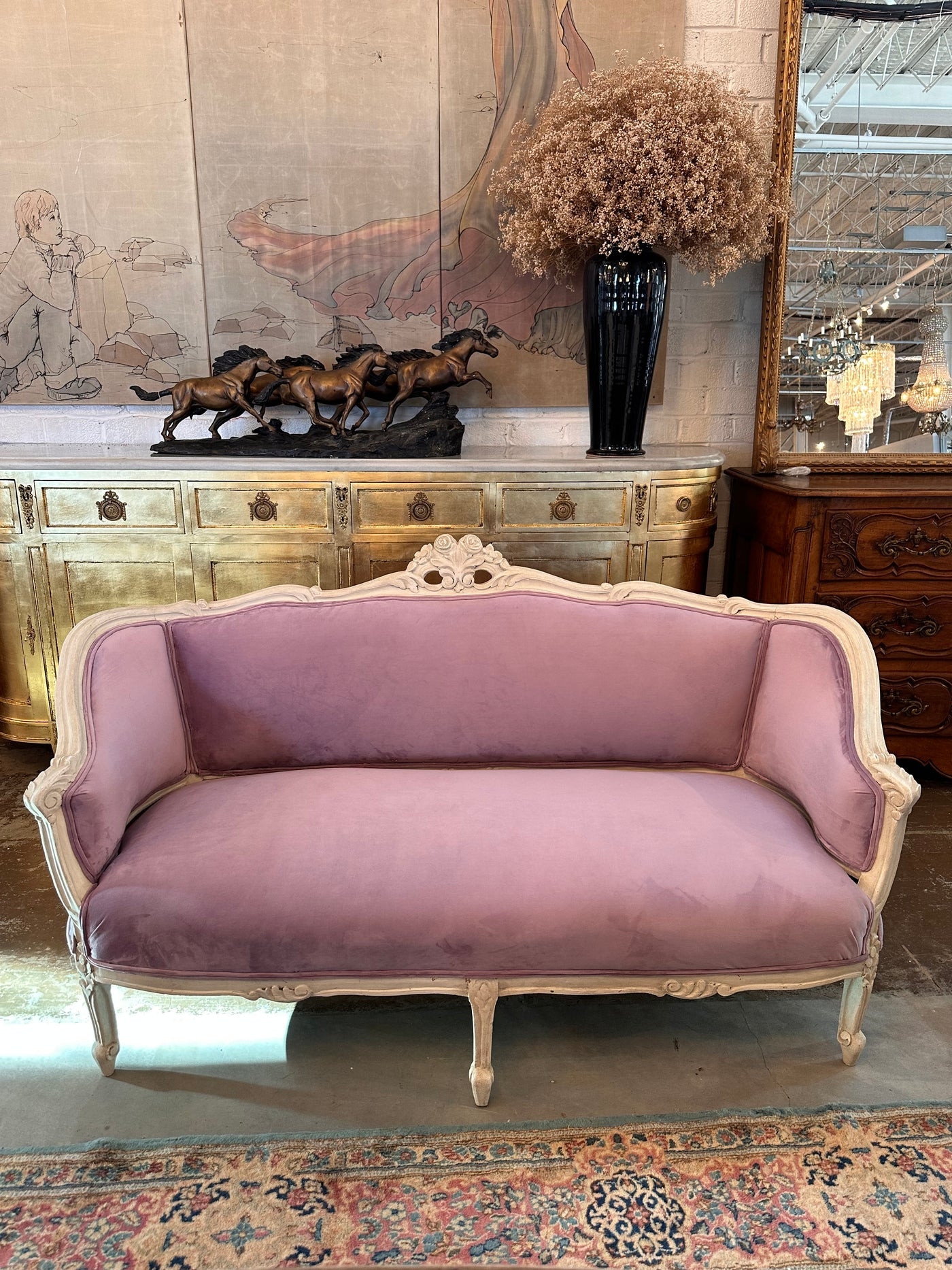 Settee with Lilac Velvet and Ornate French Lavender Accent Sofa