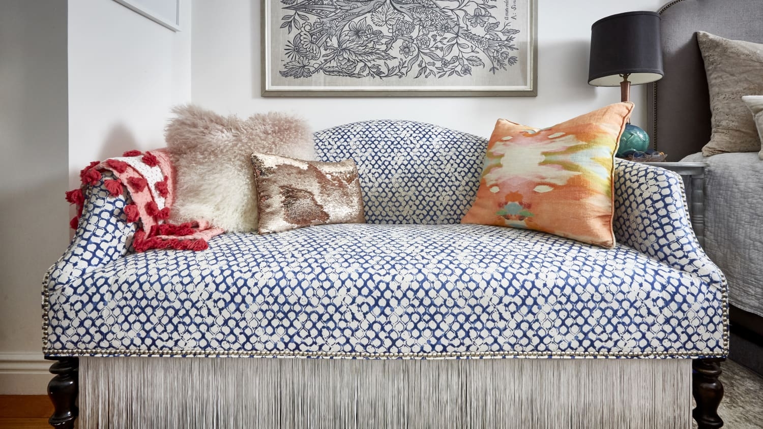 Settee with Long Fringe Skirt and fringe skirt sofa storage