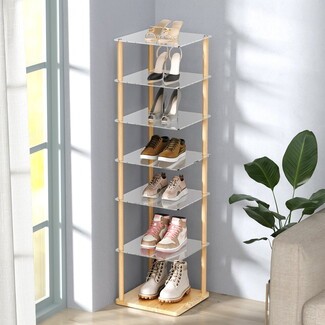 Shoe Rack: 7-Tier Vertical Profile with Light Wood Accents