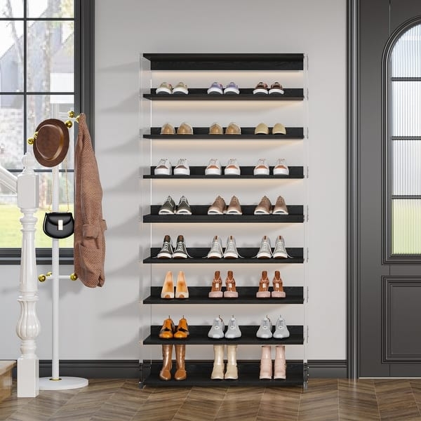 Shoe Rack: 8-Tier Height Charcoal Wood with Clear Side Panels