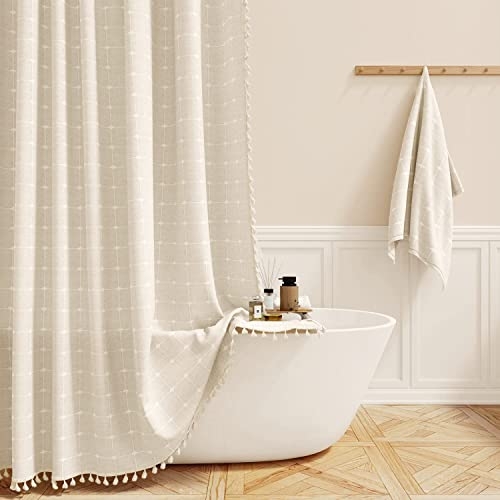 Shower Curtain Cream Beige Tassel Trim Shower Curtain