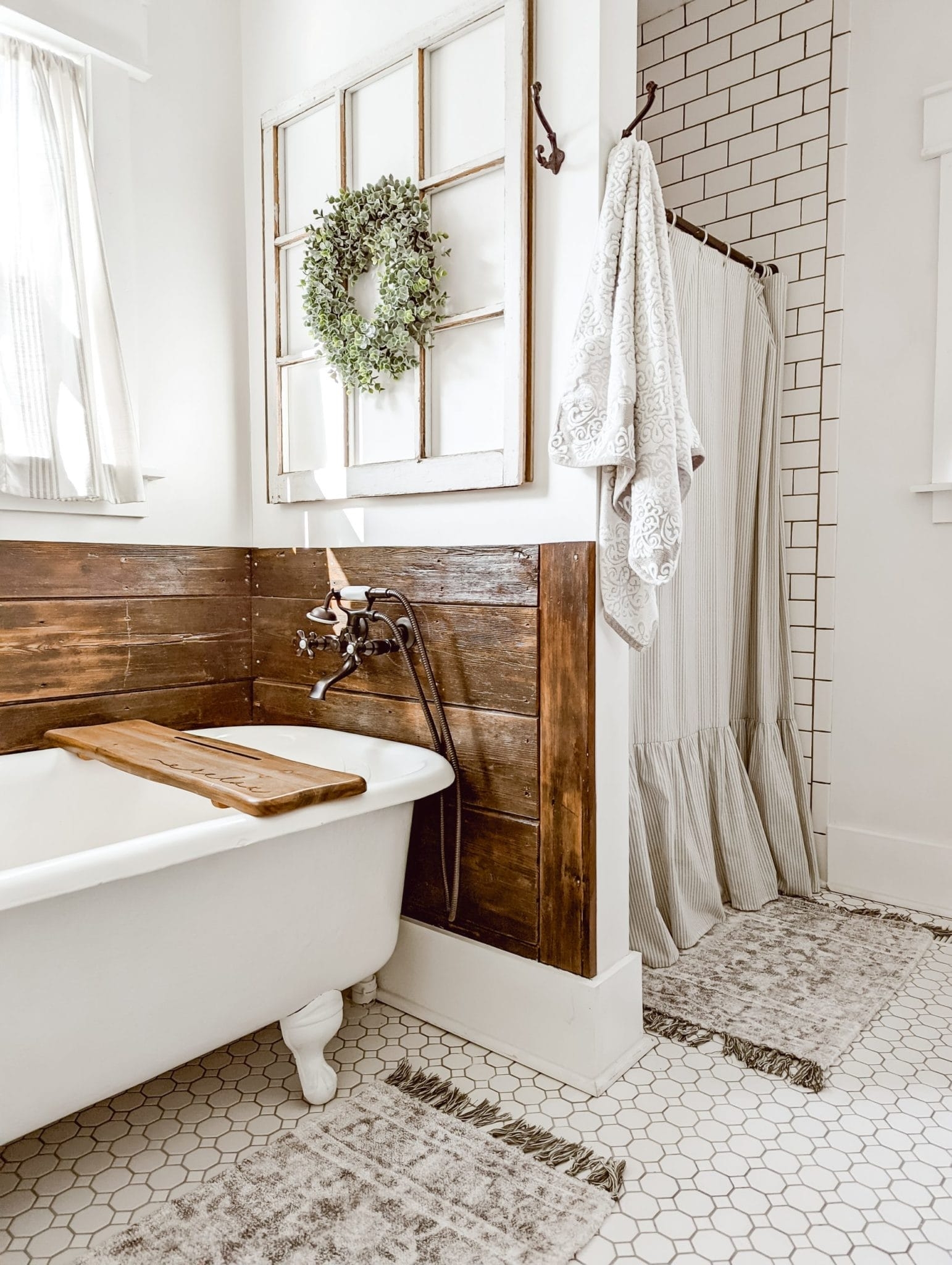 Shower Curtain Hexagon Floor Tile Farmhouse Ruffled Decor