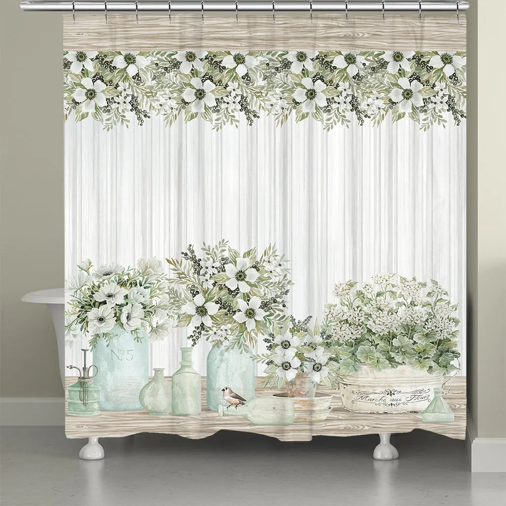 Shower Curtain Marche Aux Fleurs Text Mint French Fleurs Decor