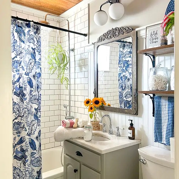 Shower Curtain Scrollwork Frame Blue Floral Shower Curtain