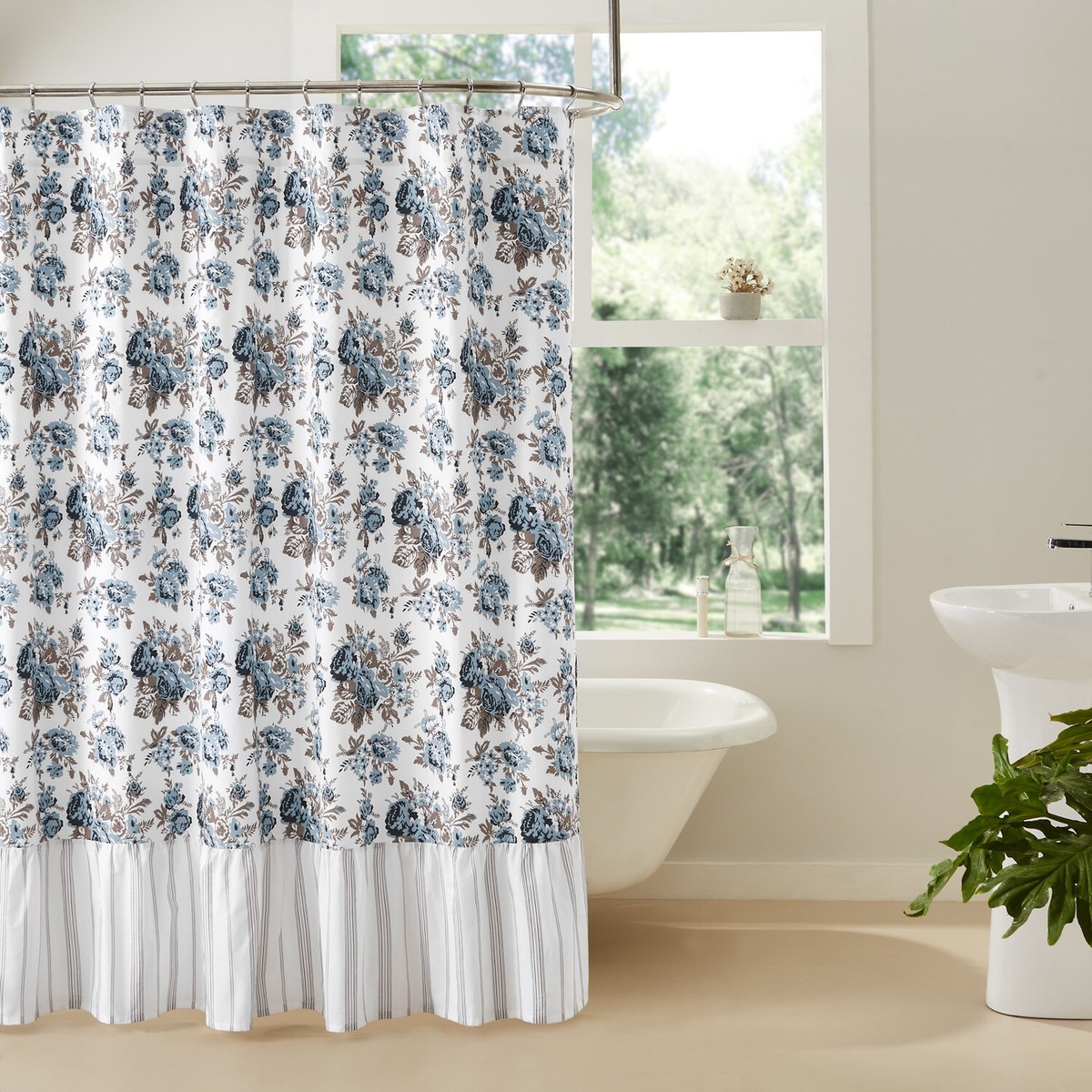 Shower Curtain Ticking Stripe Detail Blue Floral Bath Decor