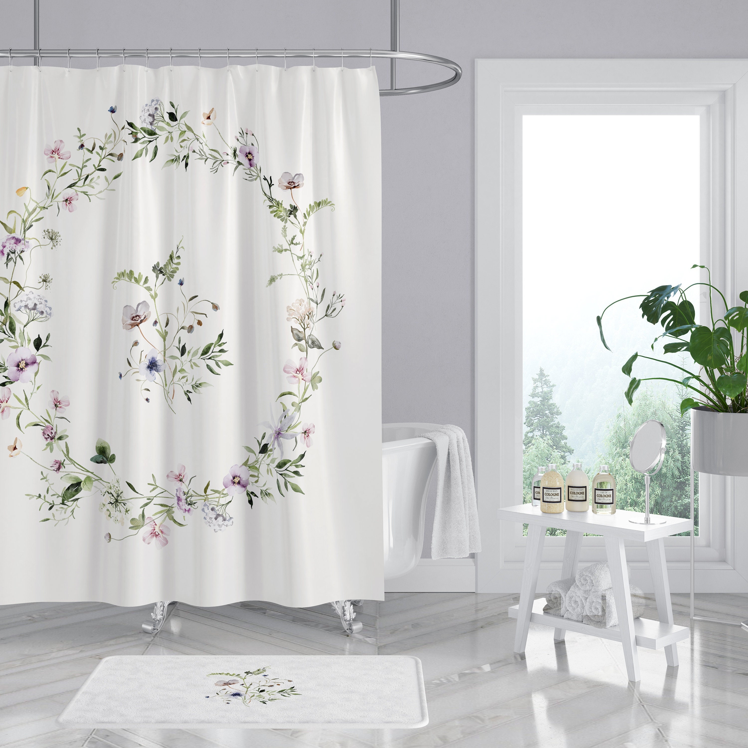 Shower Curtain Watercolor Floral Wreath Boho Botanical Mat Set
