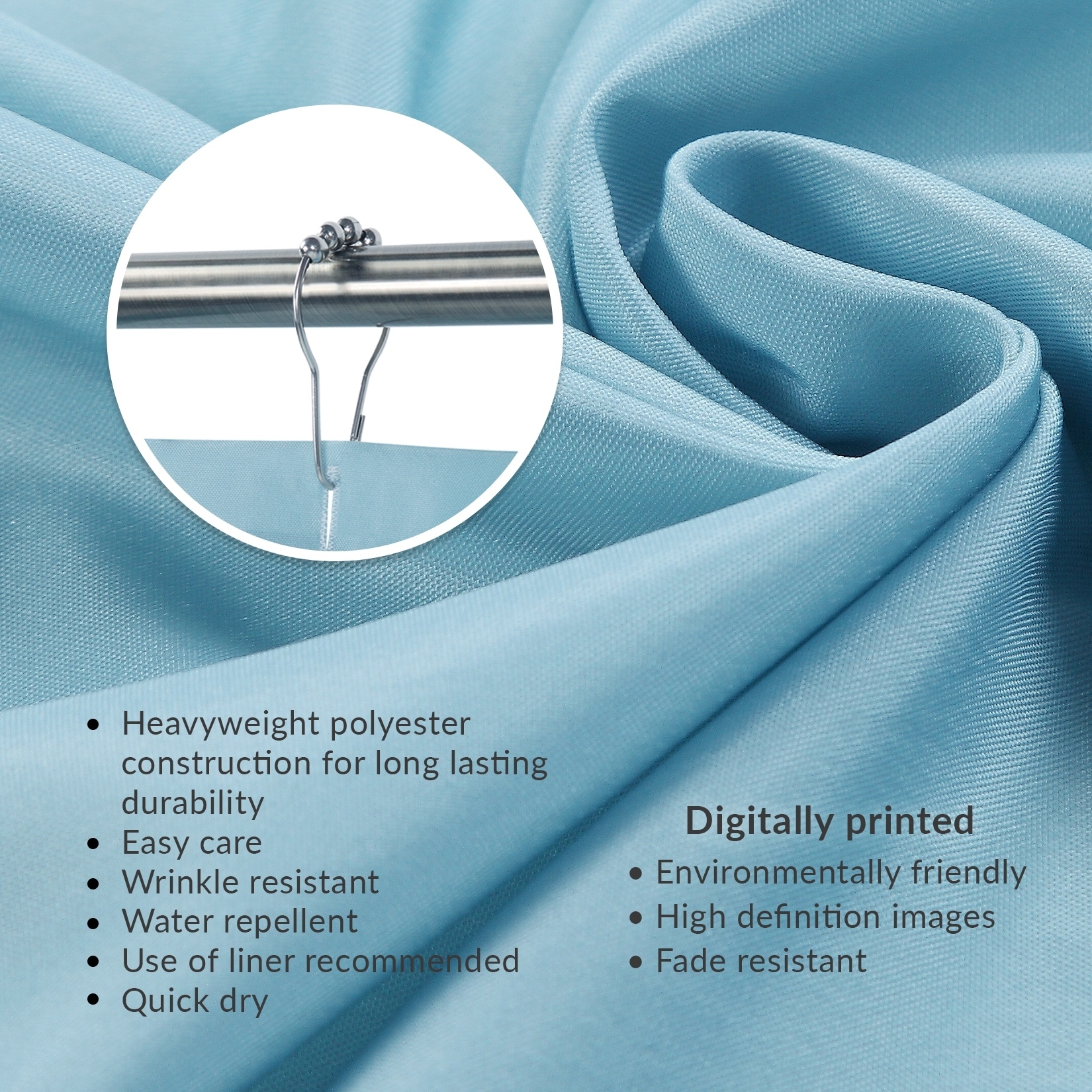 Shower Curtain with Roller Ball Hooks and Heavyweight Blue Fabric