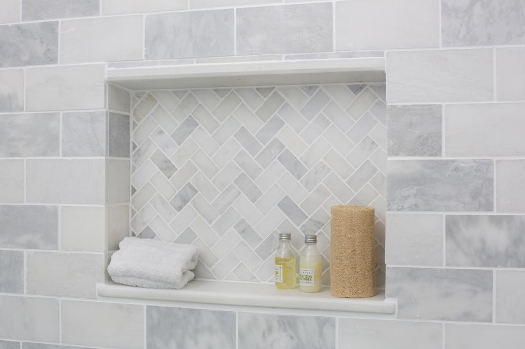Shower Niche Herringbone Inlay with Grey Stone Look Tile