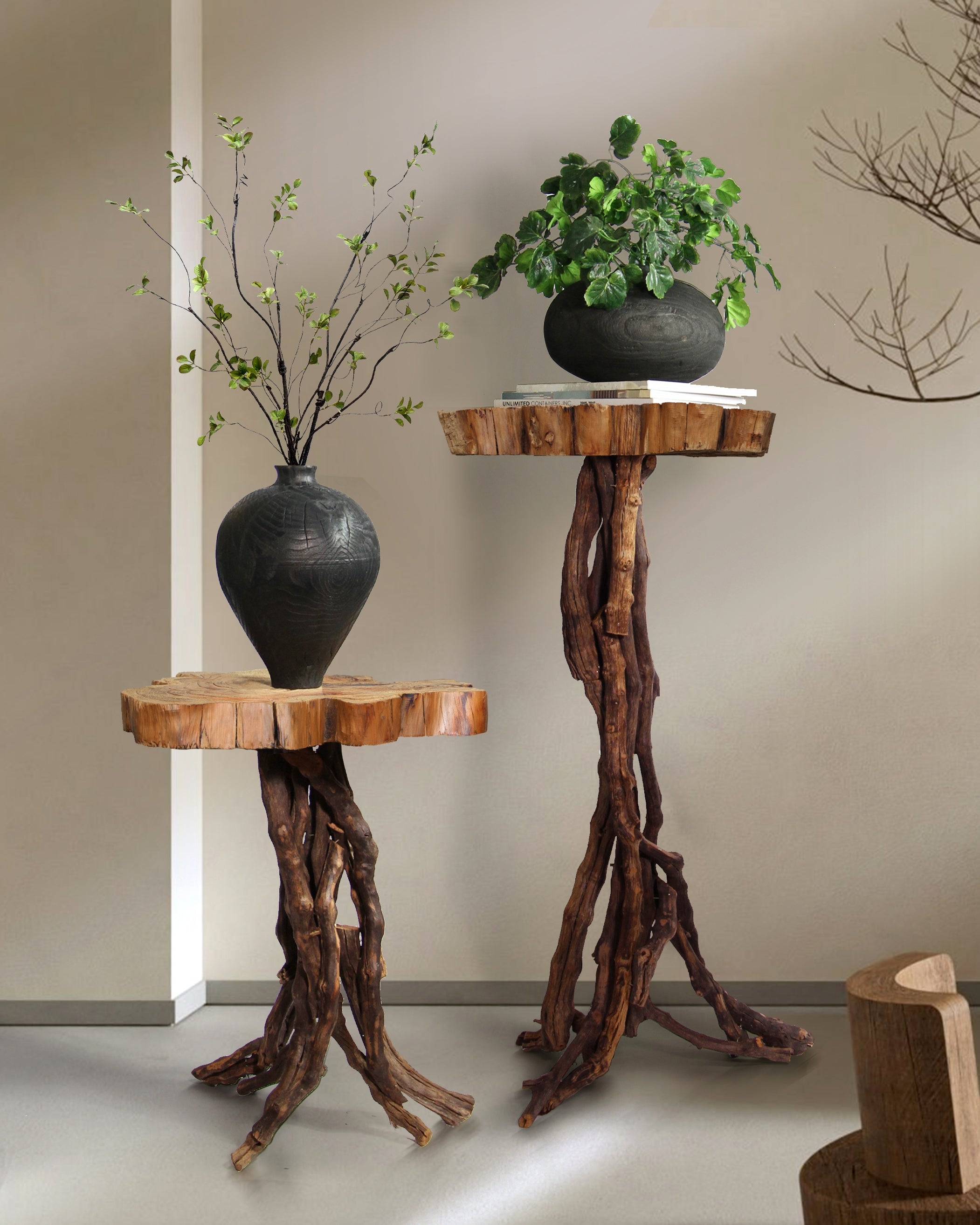 Side Table Pedestal Style Gnarled Root Base Slab Top