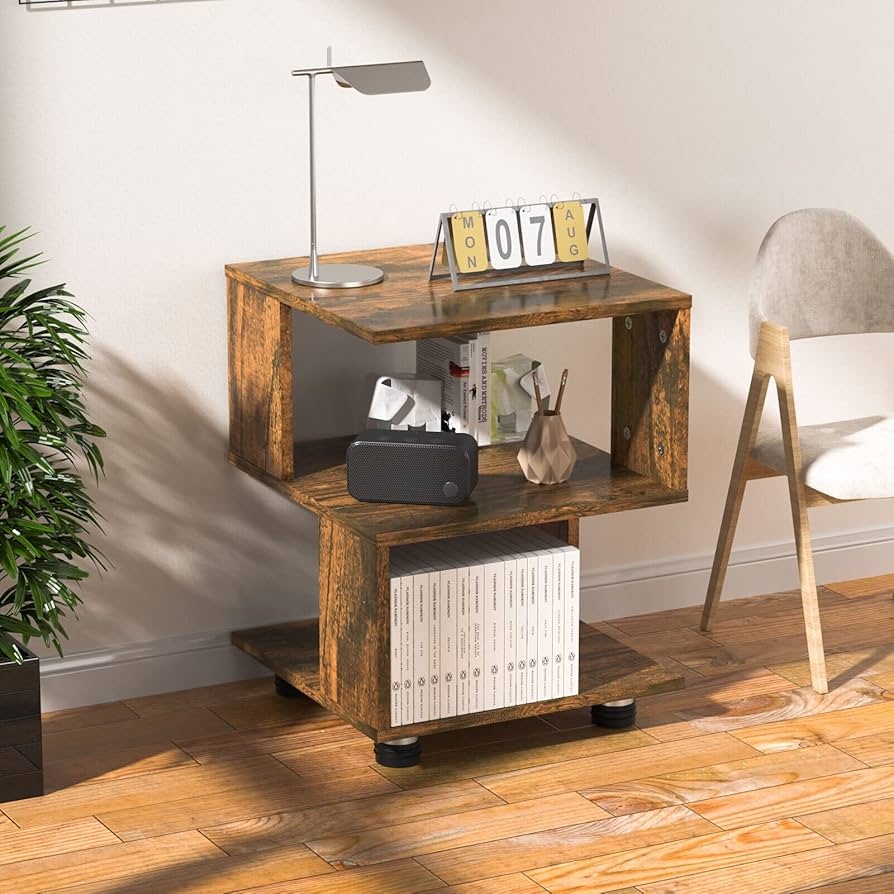 Side Table: S-Shaped Design and Rustic Brown End Table