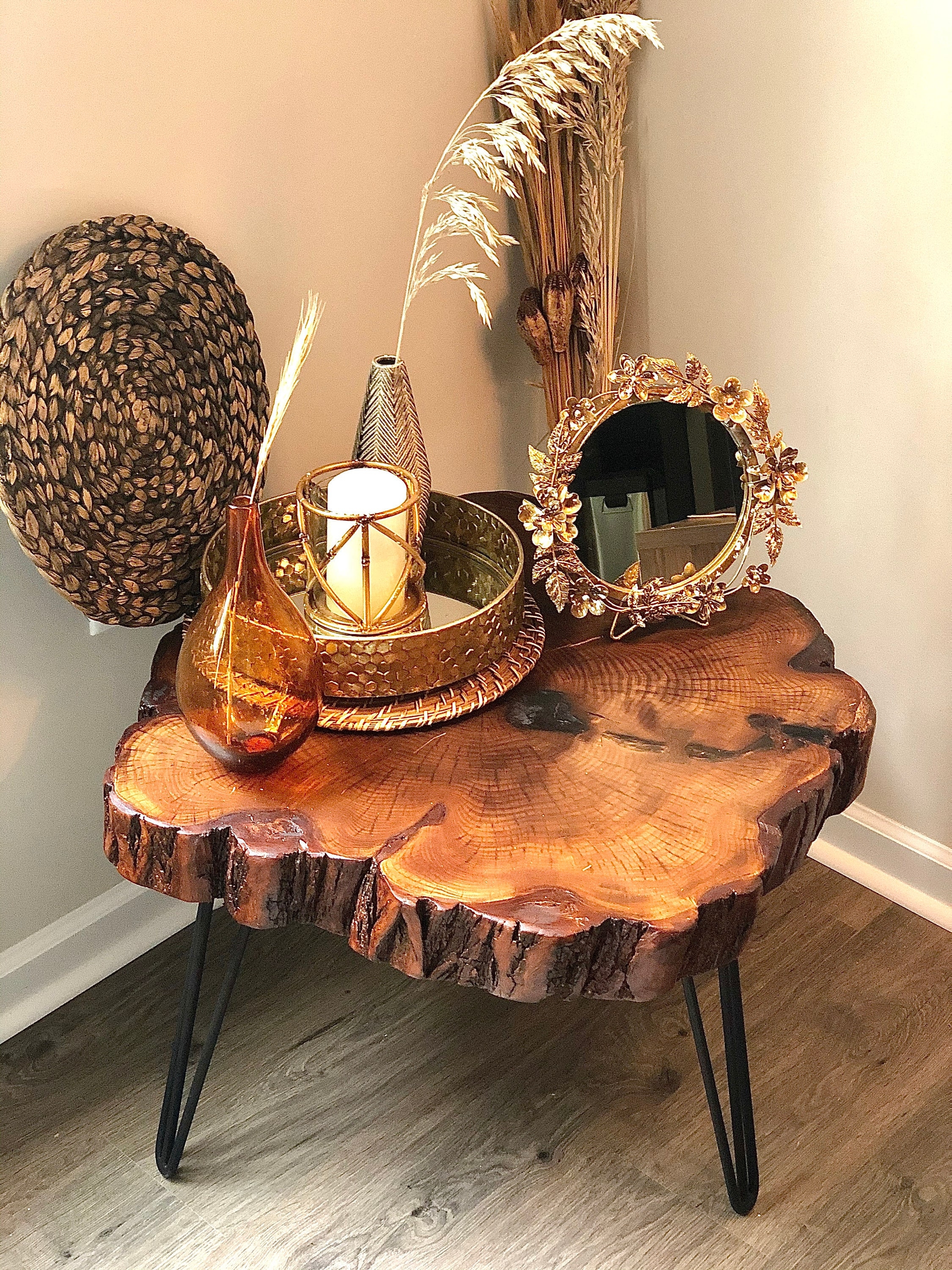 Side Table with Hairpin Legs and Natural Live Edge Slab