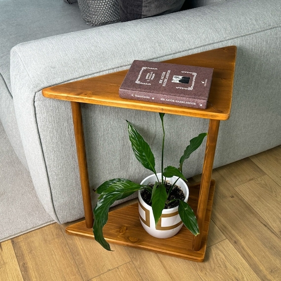 Side Table with Triangular Top and Two Tier Shelf for Corners