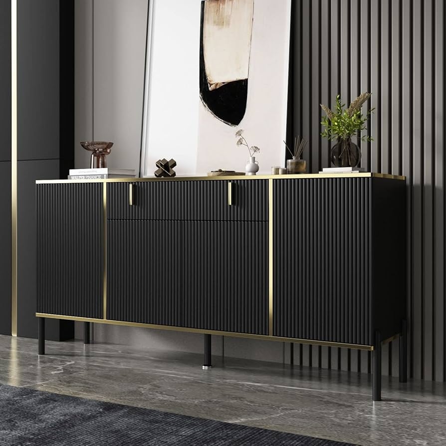 Sideboard Buffet: Vertical Fluted Gold Trim Buffet Cabinet
