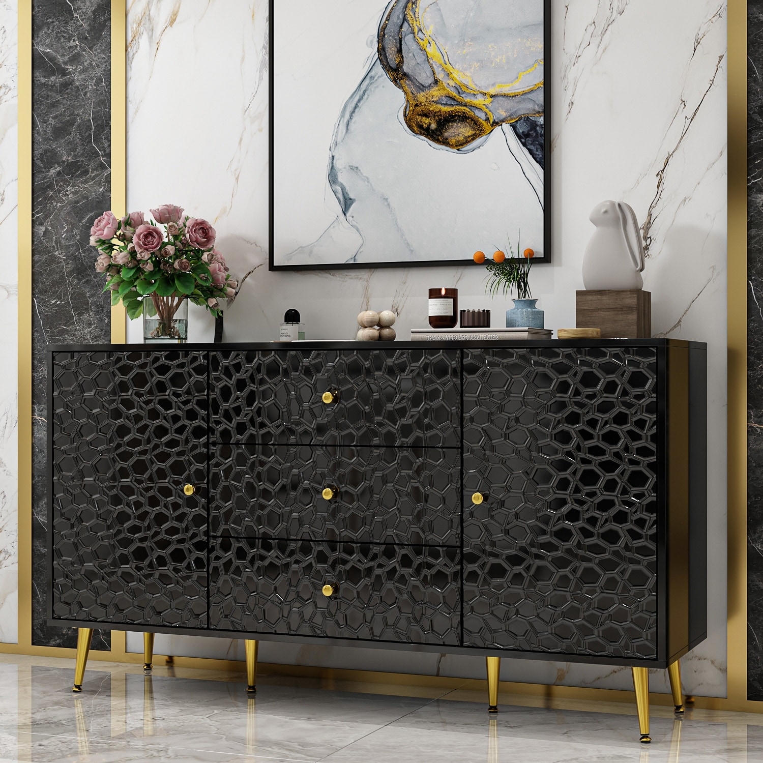 Sideboard Cabinet: Honeycomb Texture & Gold Leg Buffet Cabinet