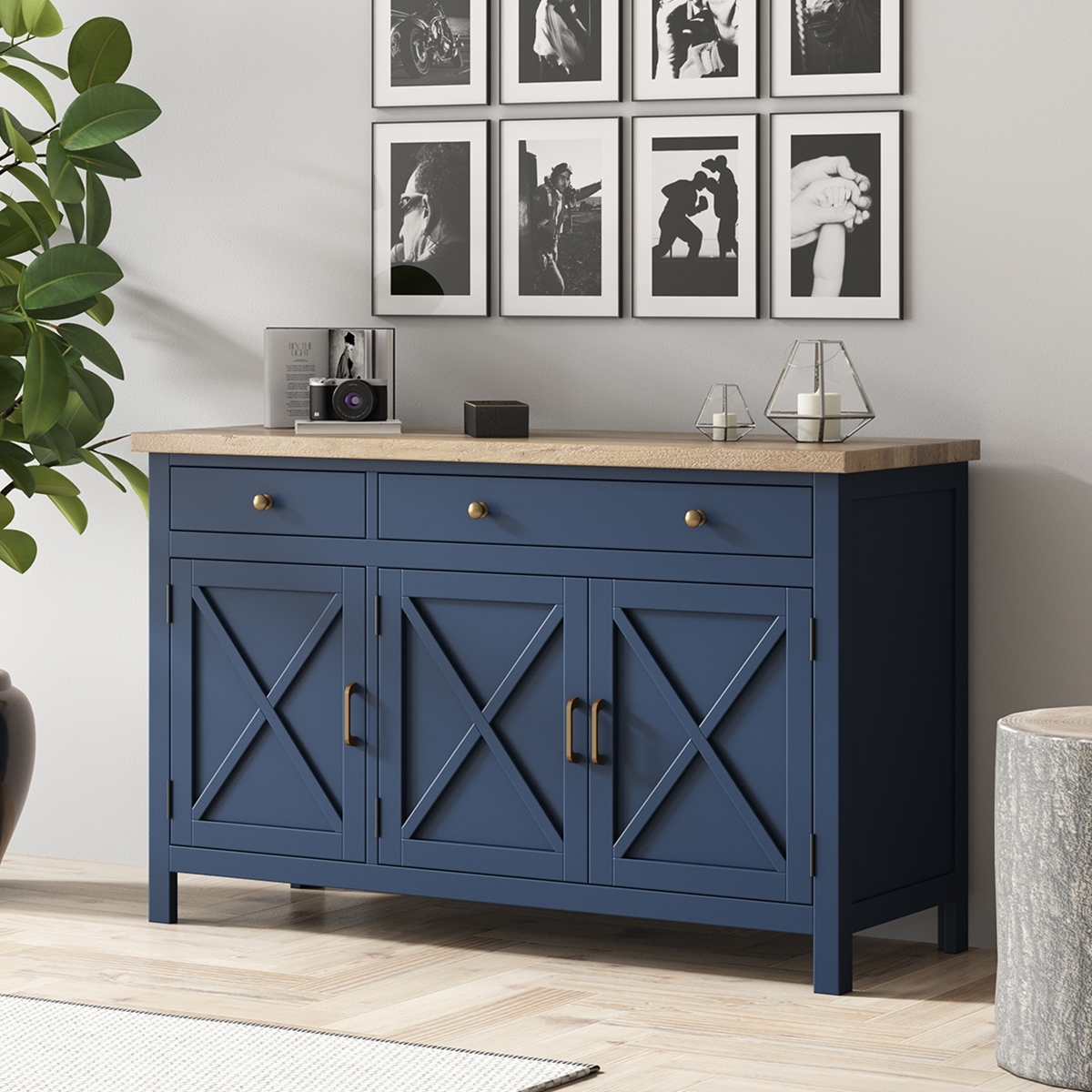 Sideboard Cabinet with Navy X-Brace Doors and Wood Top