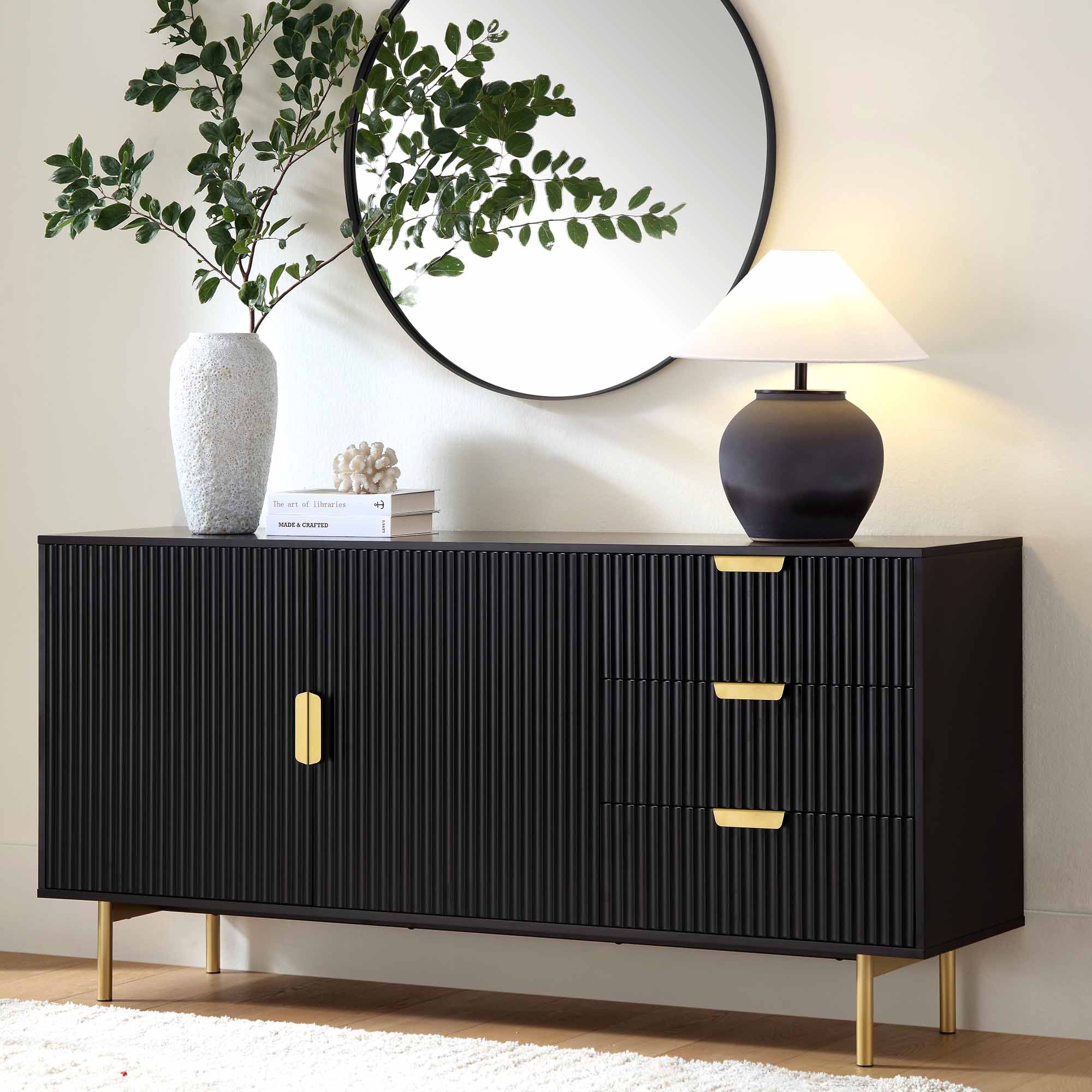 Sideboard: Fluted Front and Ridged Matte Black Sideboard