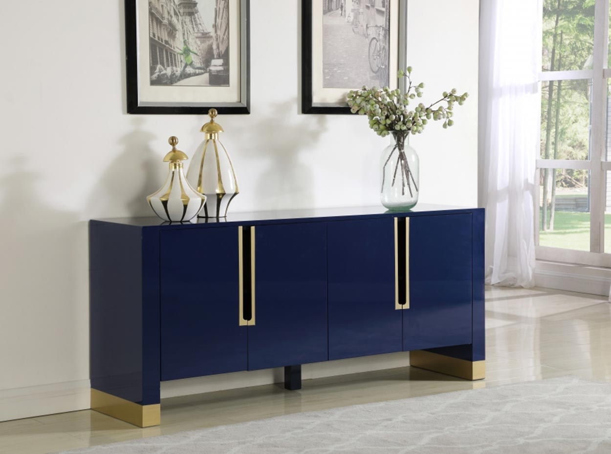 Sideboard in Navy Lacquer with Recessed Gold Pulls