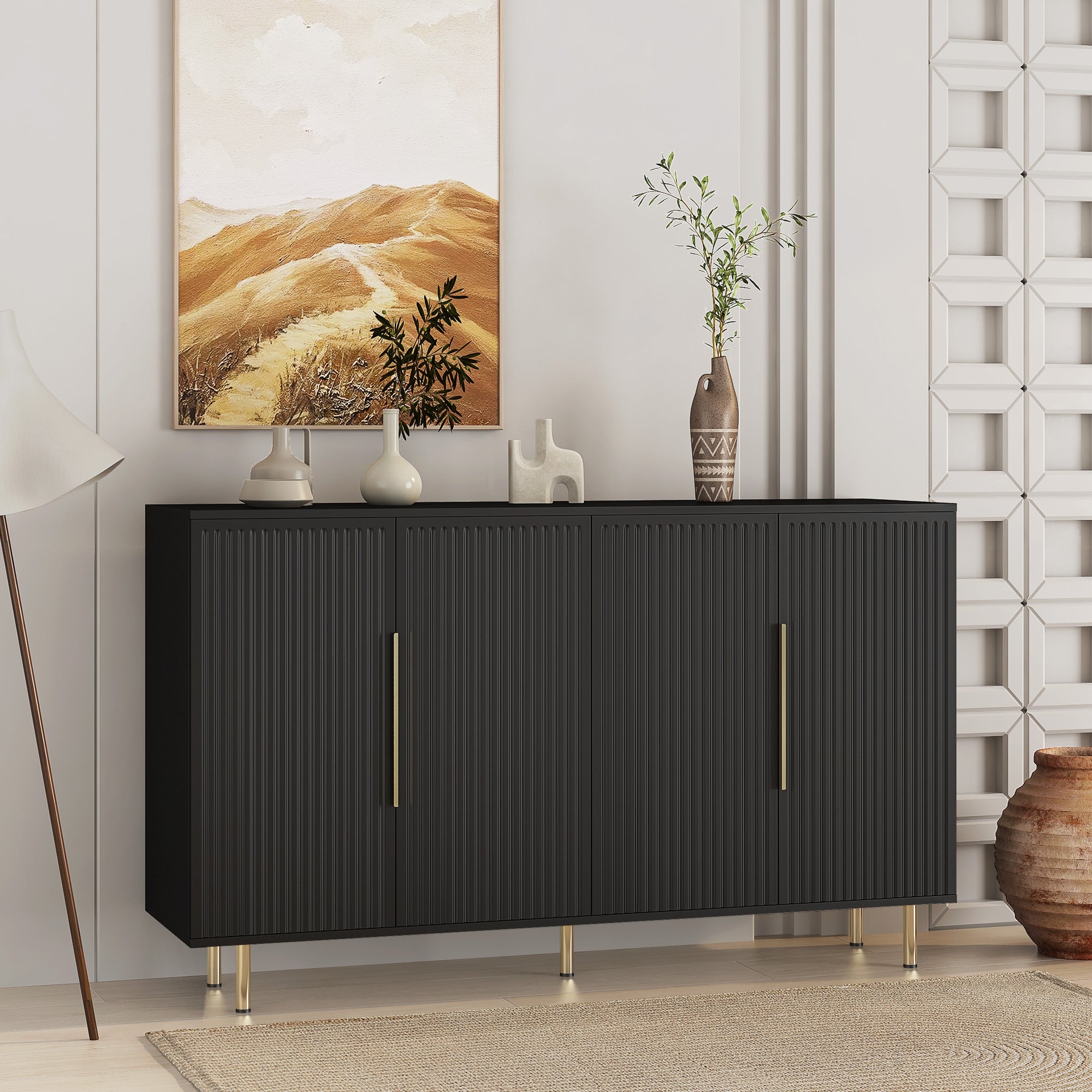 Sideboard: Vertical Gold Hardware Contemporary Buffet Cabinet