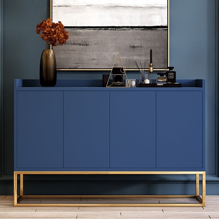 Sideboard with Matte Blue Finish and Gold Metal Base