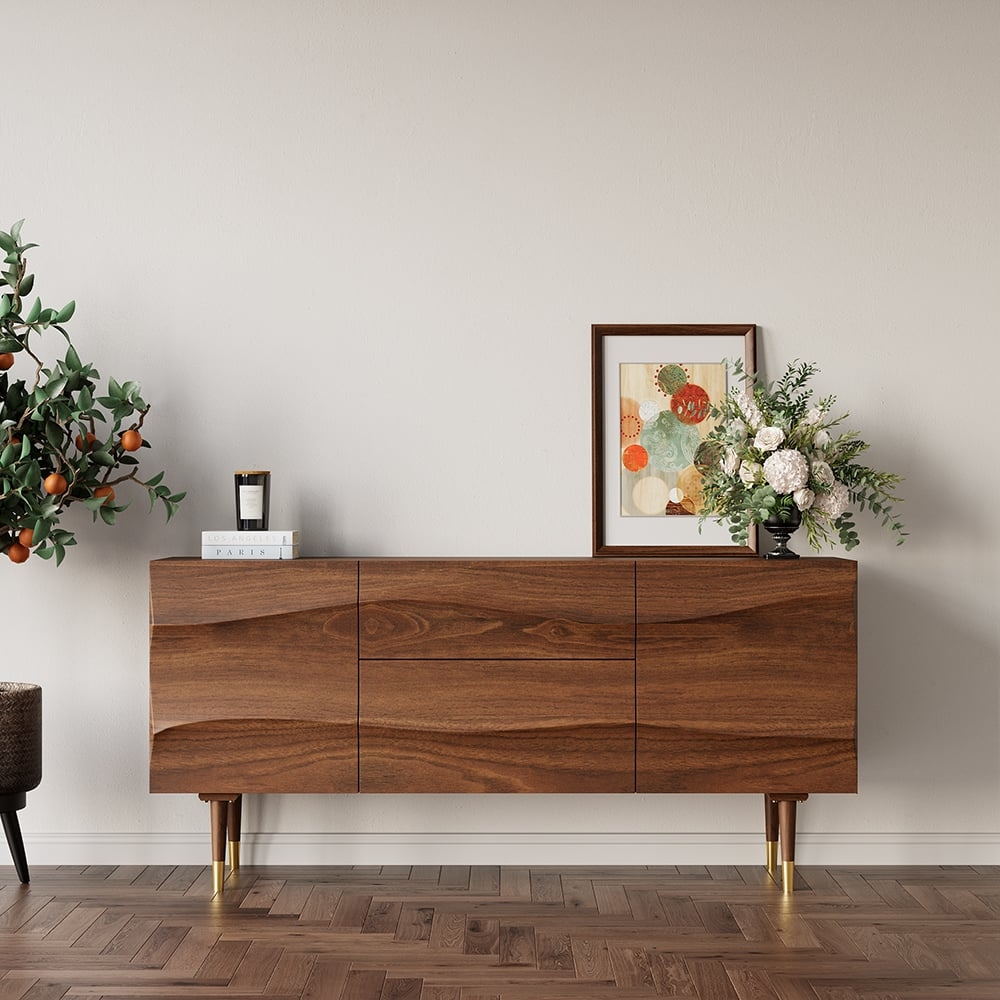 Sideboard with Sculpted Wood and Gold Tip Tapered Legs