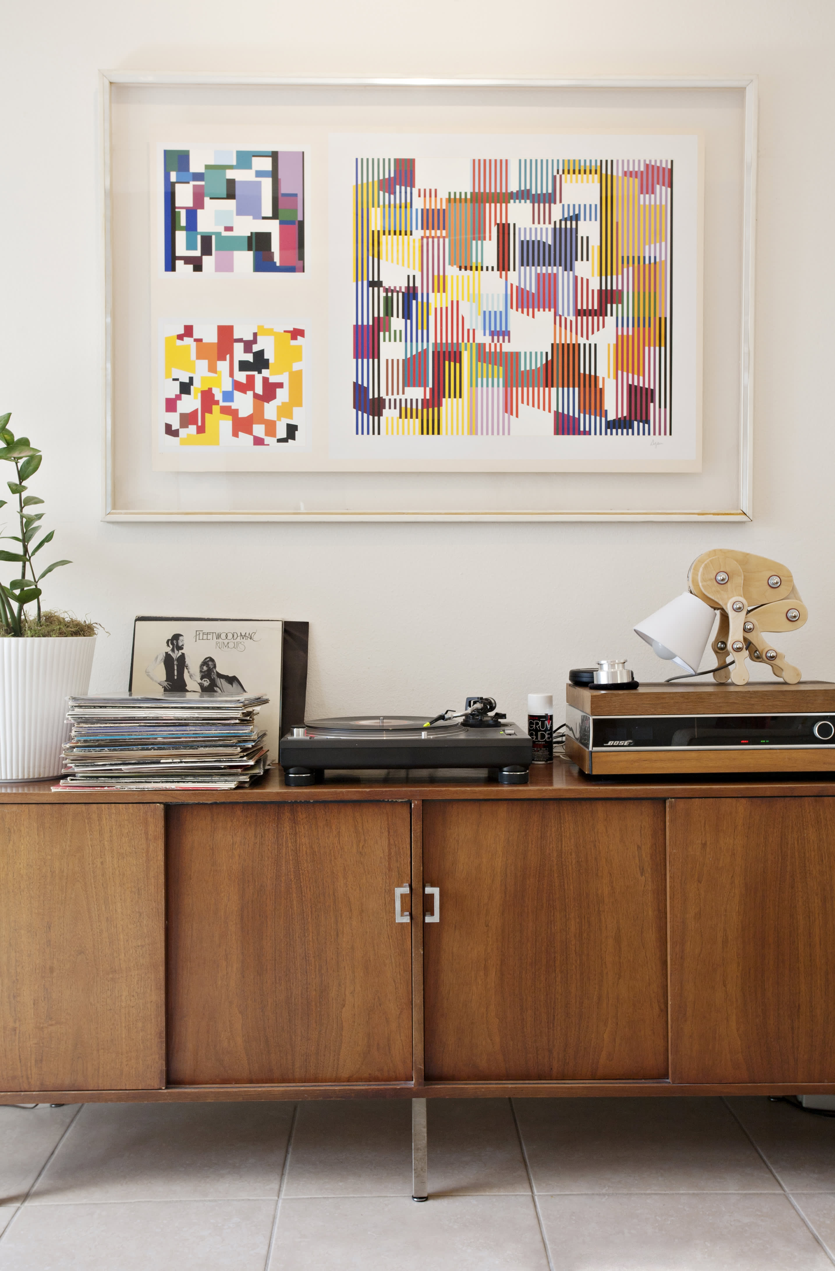 Sideboard with Tapered Metal Legs for Walnut Record Storage